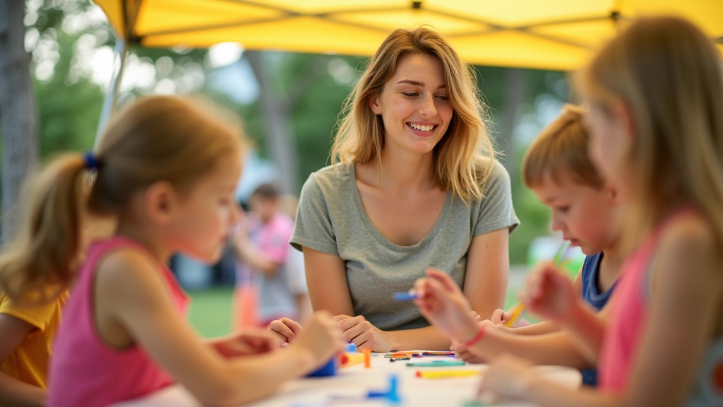 Camp counselor leading group activity with young campers outdoors