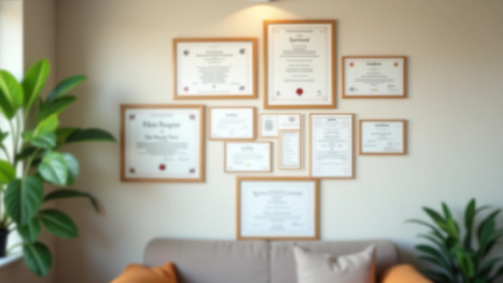 Tutor credentials and certificates on wall, professional office setting, diploma and certifications displayed