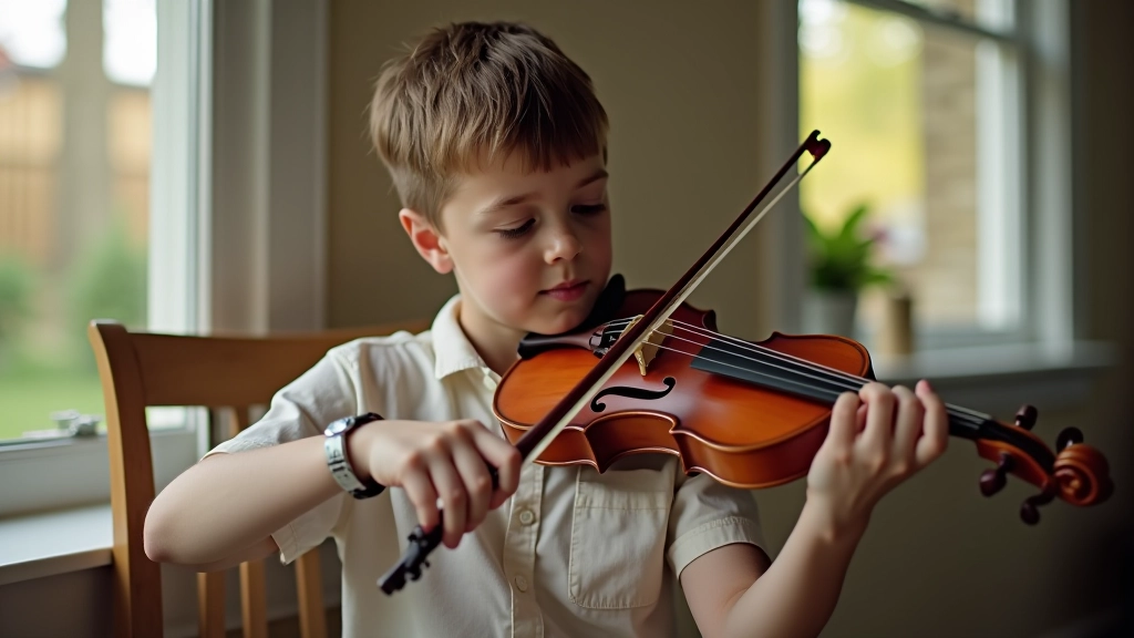 Young musician practicing violin at home, sitting near a window with natural light, focused expression, family room setting