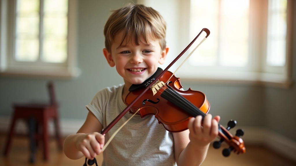 Young child aged 7 smiling while holding a violin, bright natural light from studio windows, relaxed posture