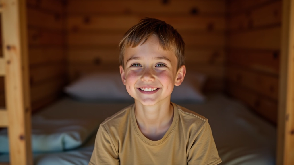 Child sitting in cabin at summer camp, smiling at camera with camp bedding visible