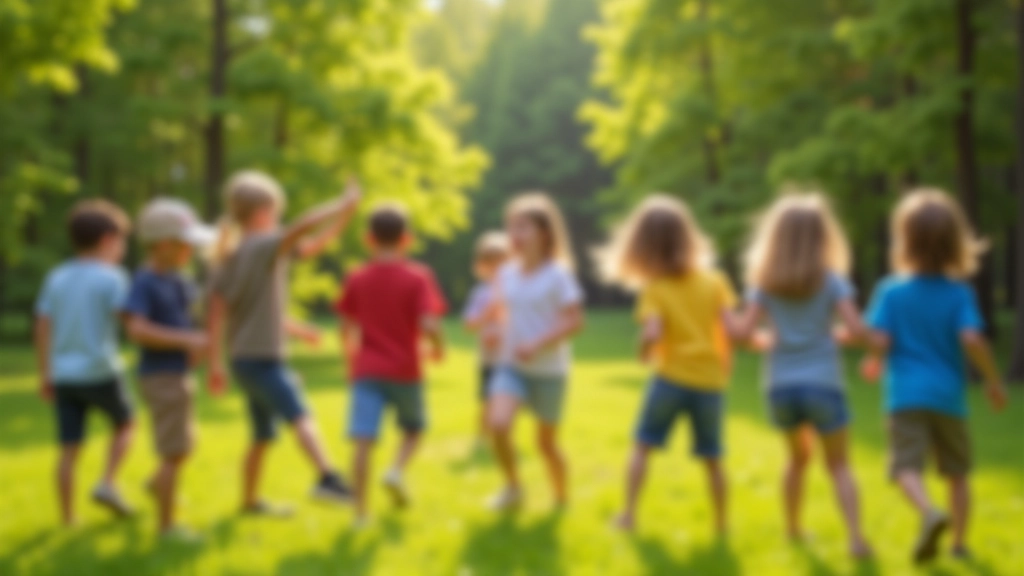Children participating in outdoor camp activity, playing games together on grass field