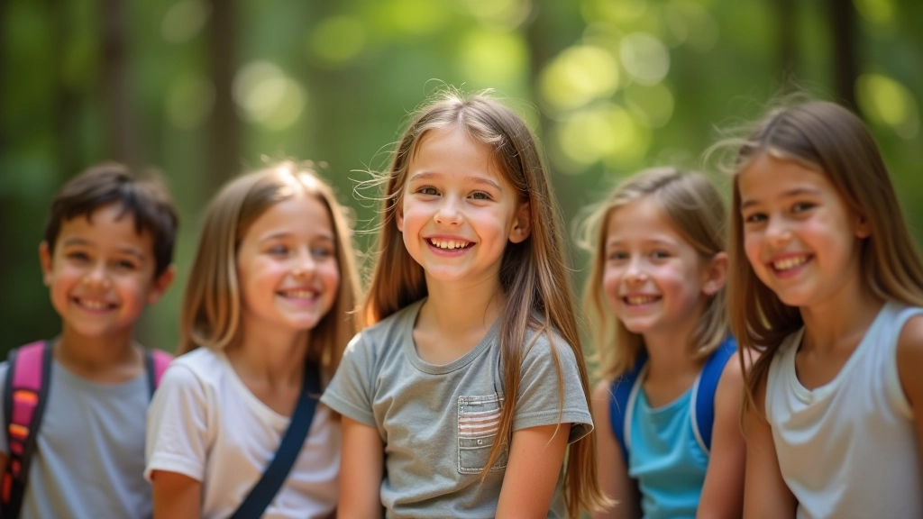 Group of children laughing together at outdoor summer camp activity, diverse kids enjoying nature