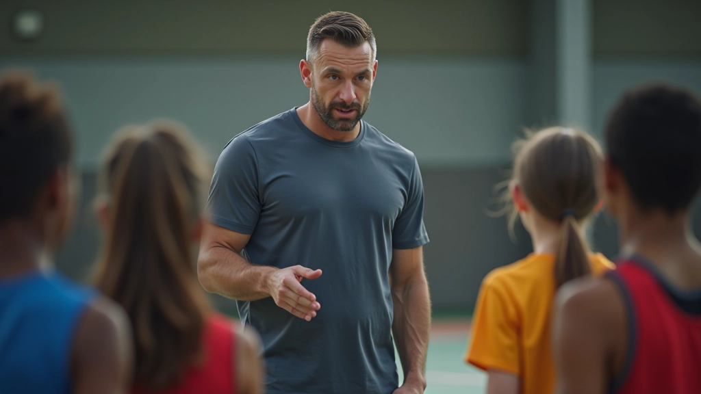 Coach demonstrating proper technique to small group of youth athletes in training session
