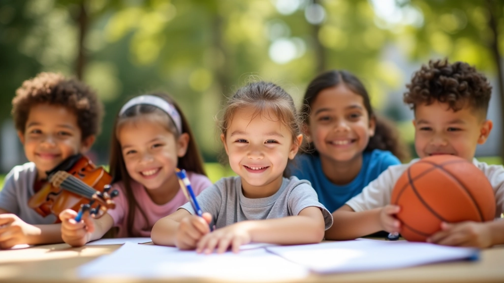 Children participating in various enrichment activities including music, art, sports, and tutoring