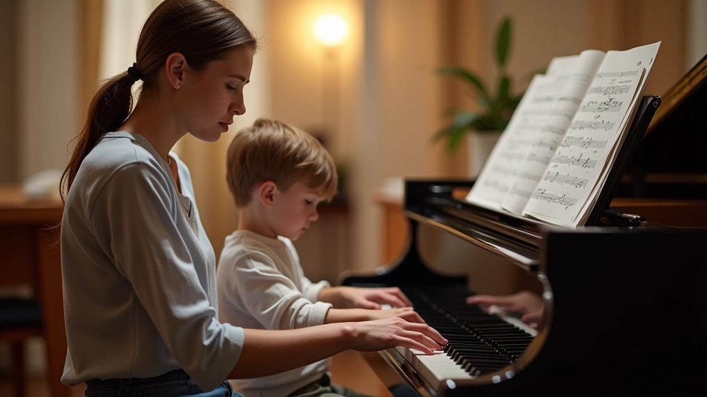 Music teacher at piano with young student seated beside, both focused on sheet music, warm studio lighting with music sheets and metronome visible