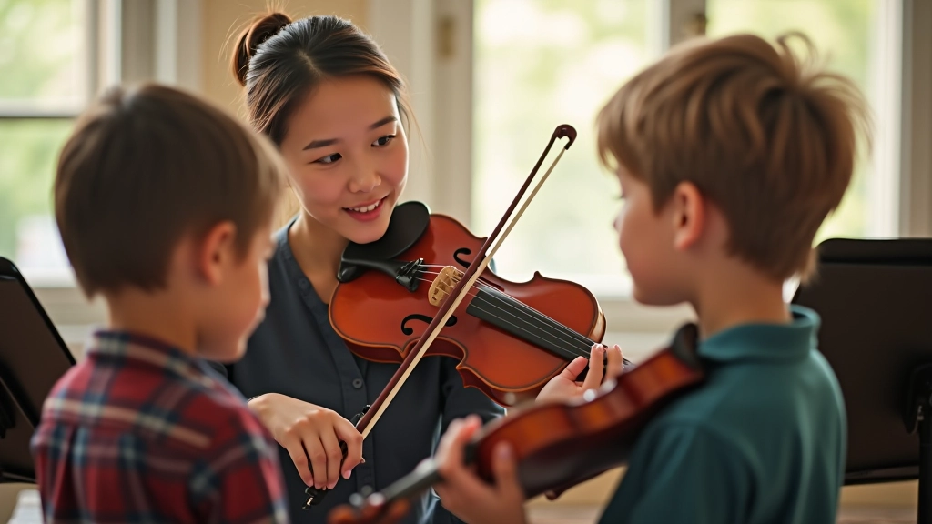 Music teacher instructing young student during private lesson session