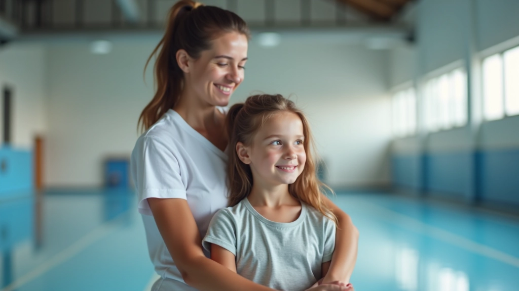 Parent and child discussing youth sports academy program options at facility tour