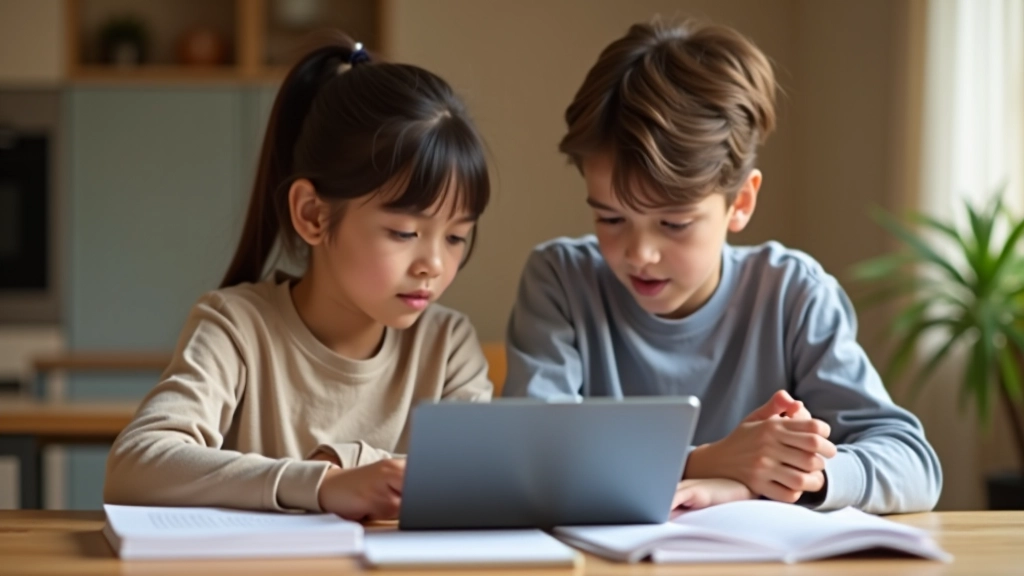 Parent and child discussing homework together at home, tablet and textbooks on table, supportive learning environment