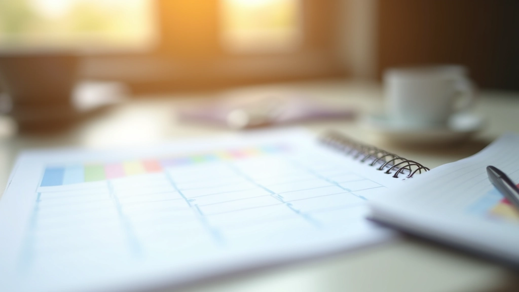 Calendar and schedule planning, color-coded weekly schedule on desk, organization and planning tools