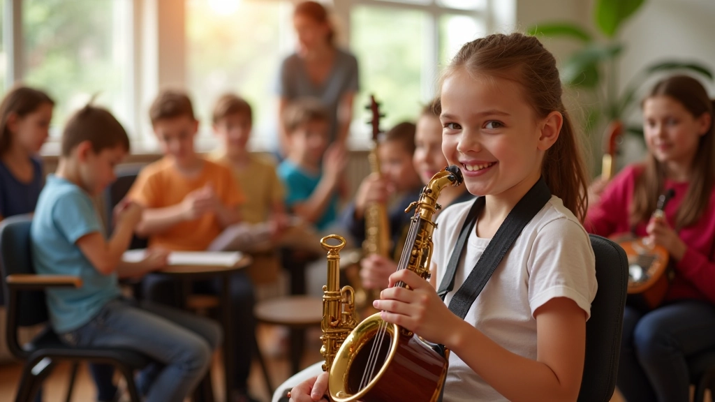 Group of young music students aged 8-12 in a bright studio, some holding instruments, teacher smiling in background, collaborative learning environment